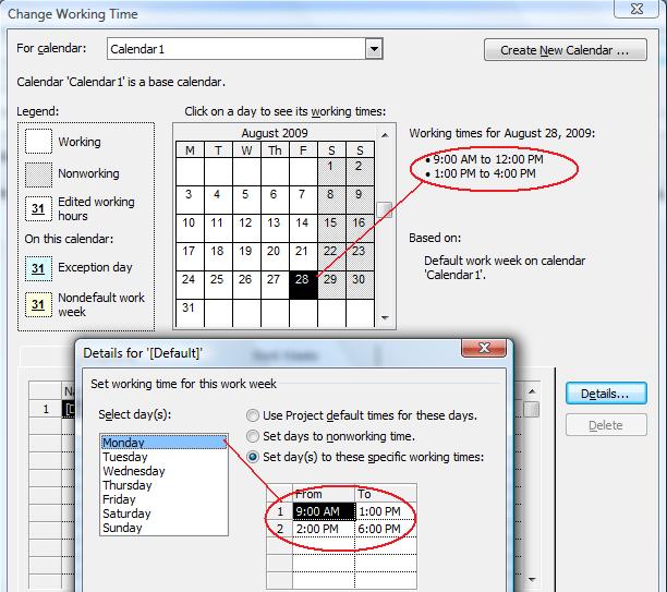 edit calendar working times in Microsoft Project