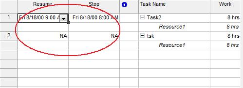 checking resource assignments stop/resume dates in Microsoft Project 2013