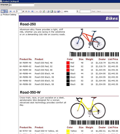 Example of Aspose.BarCode for Reporting Services component in product catalog - bikes