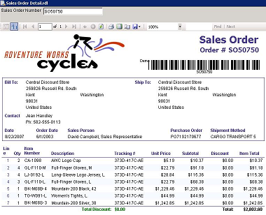 Example of Aspose.BarCode for Reporting Services component in sales order