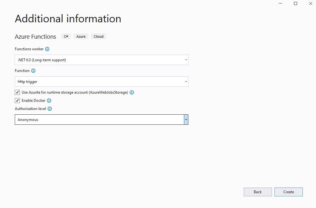 A NET 6 Azure Function project dialog
