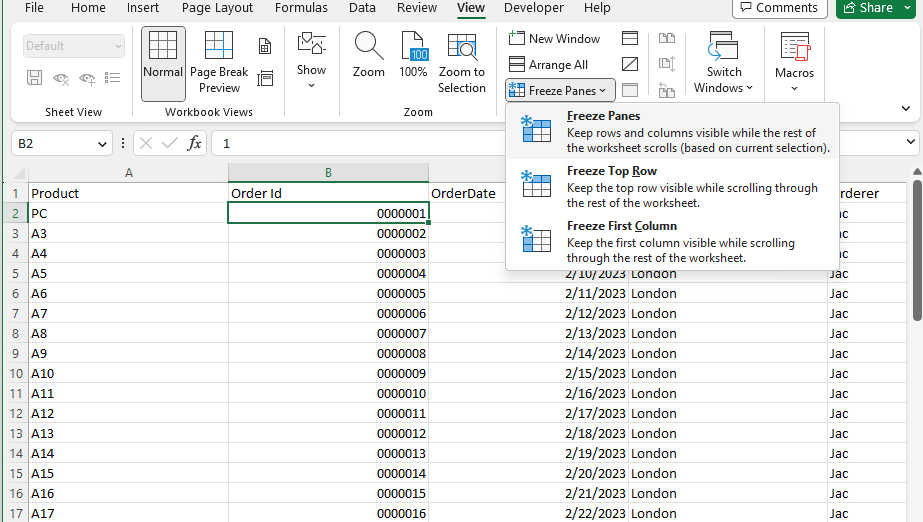 تجميد الأجزاء في Excel