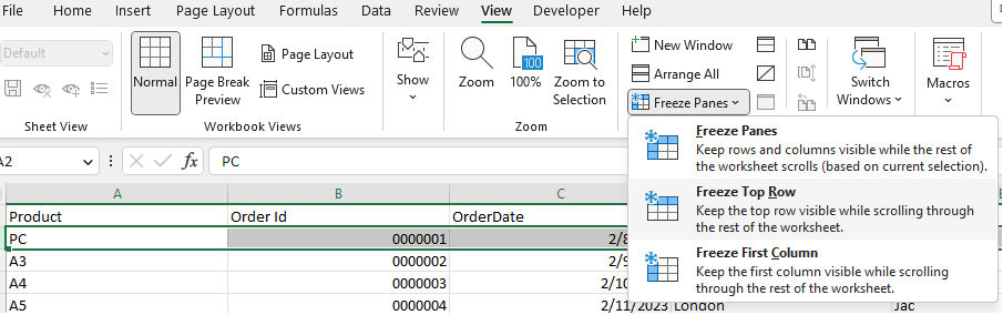 تجميد الصف (الصفوف) العلوي في Excel