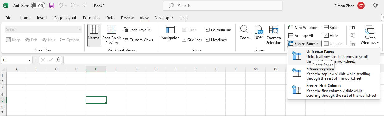 sblocca riquadri in Excel