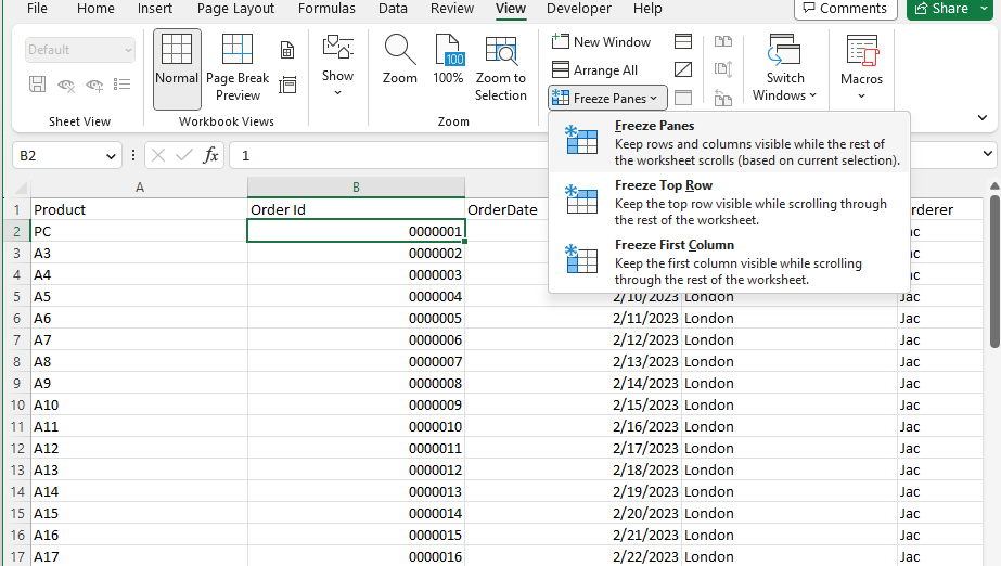 Замораживание областей в Excel