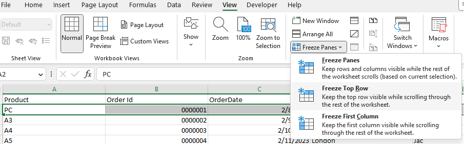 Excel’de üst satır(ları) dondur