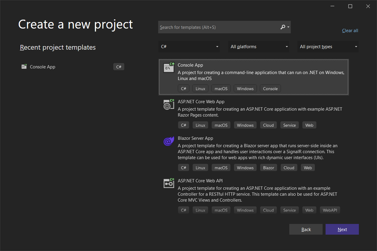 A NET 6 console application project dialog