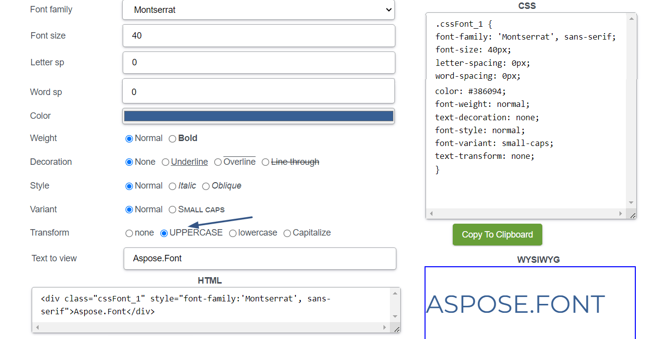 Todo el estilo en mayúsculas aplicado al texto mediante el generador CSS Aspose.Font