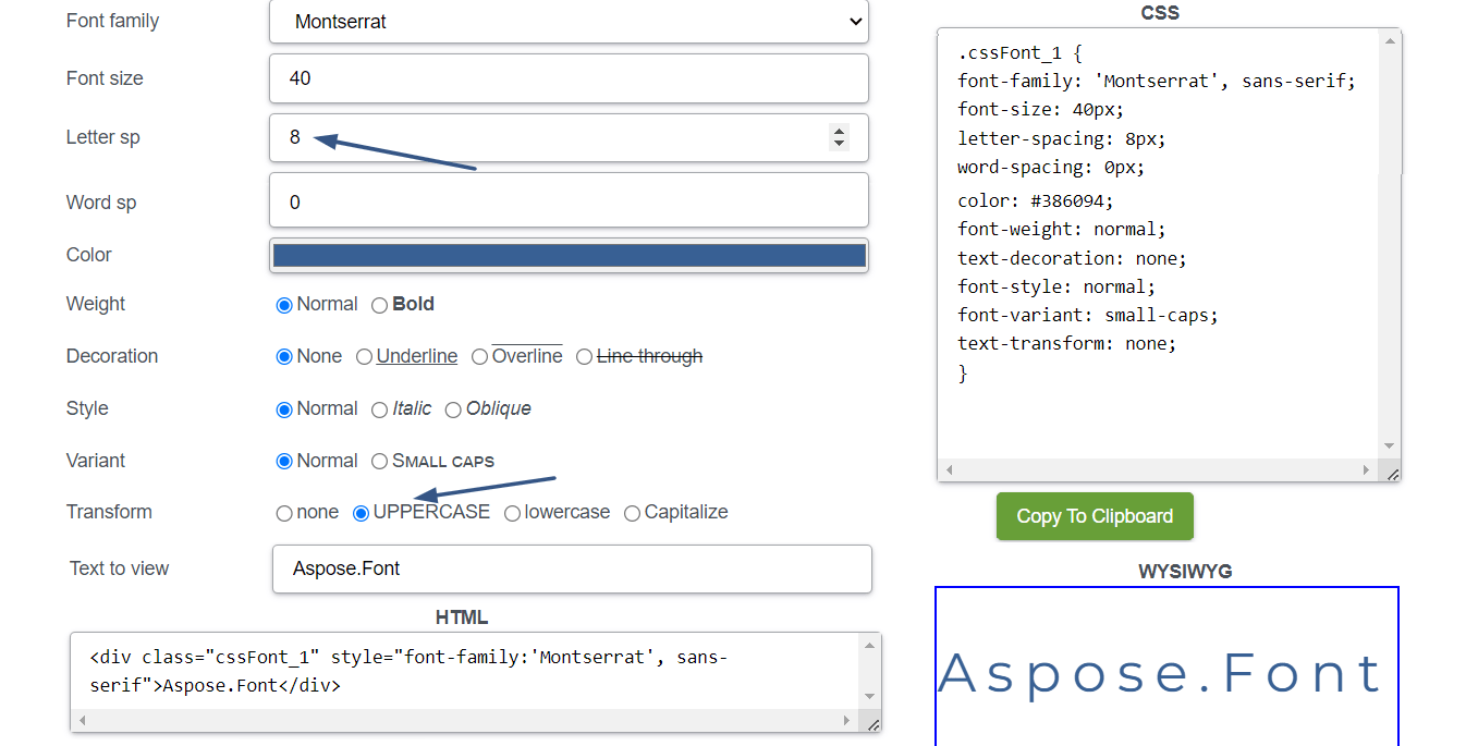 Änderung des Buchstabenabstands, die vom Aspose.Font-CSS-Generator auf Text angewendet wird