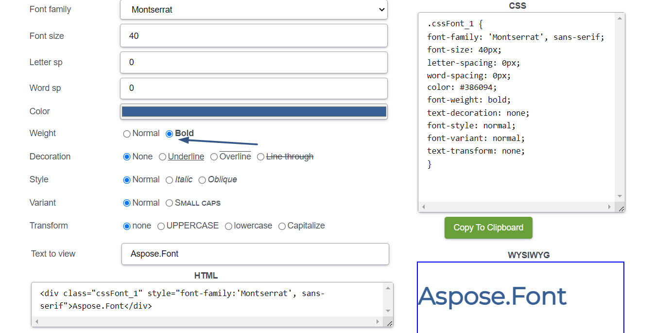 Жирний шрифт, застосований до тексту генератором CSS Aspose.Font