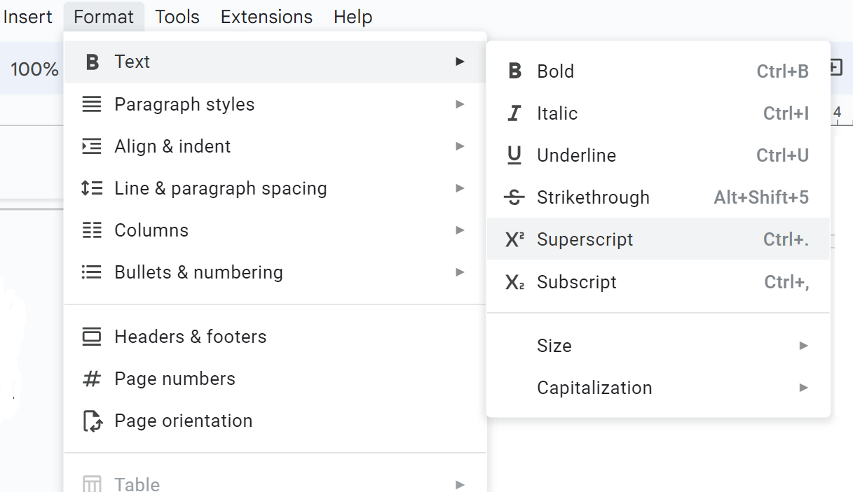 Estilo de superíndice aplicado al texto por Google Docs