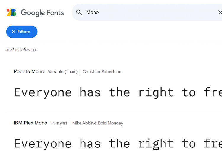 Schriftarten in Google Fonts suchen