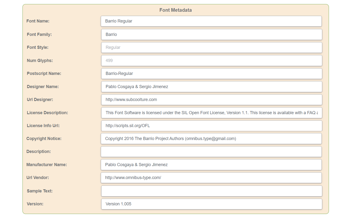 Результат вывода метаданных шрифта с помощью Aspose Metadata Viewer