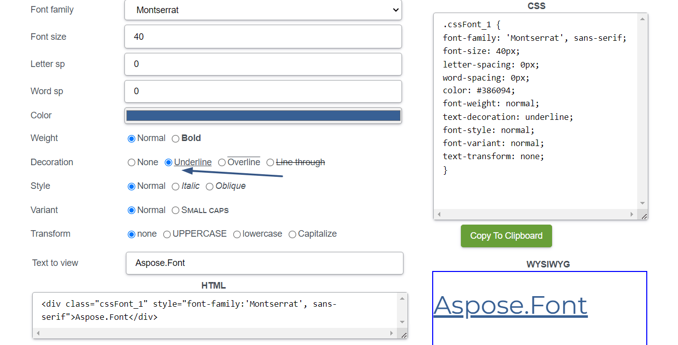 Style souligné appliqué au texte par le générateur CSS Aspose.Font