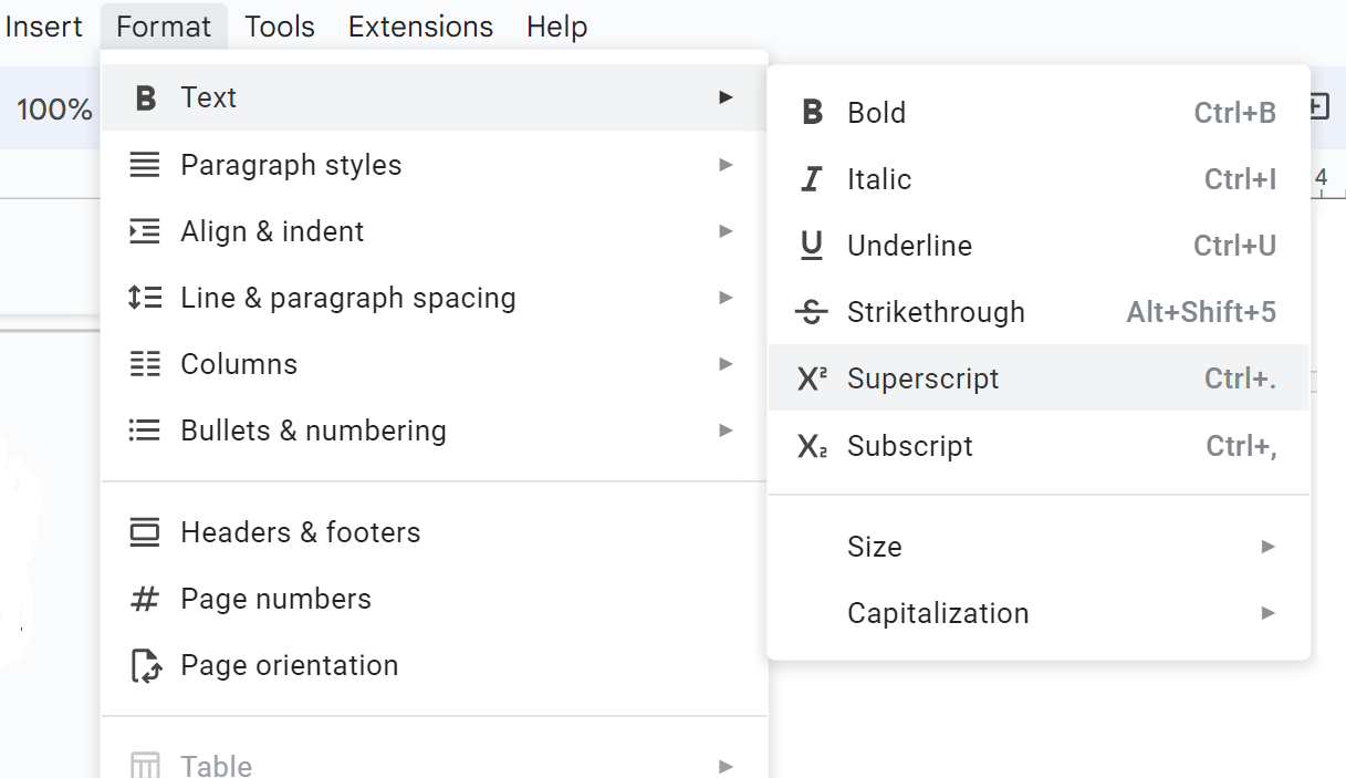 Superscript style applied to text by Google Docs