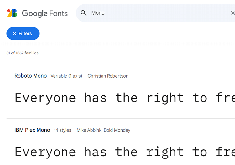 Searching fonts in Google Fonts