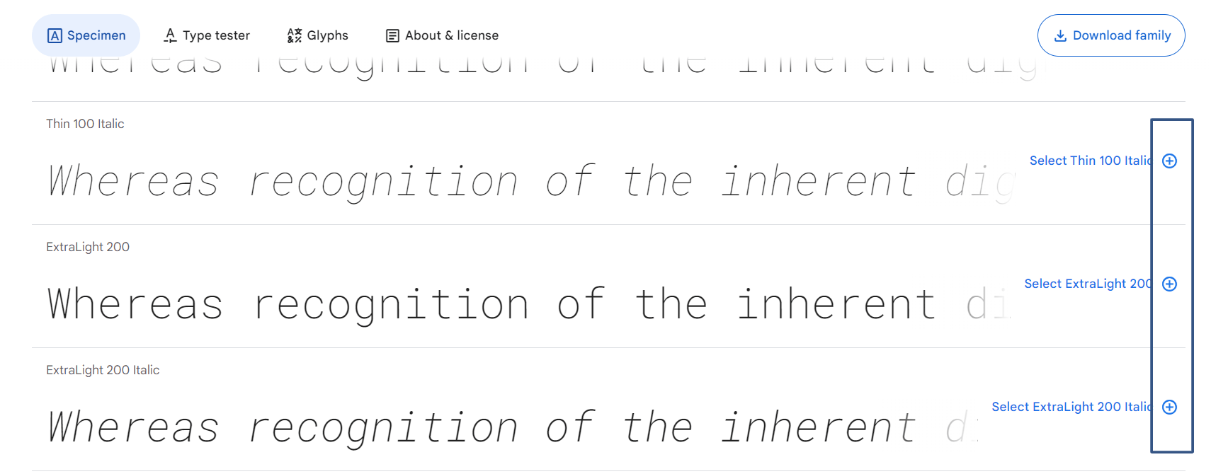 Selecting fonts in Google Fonts