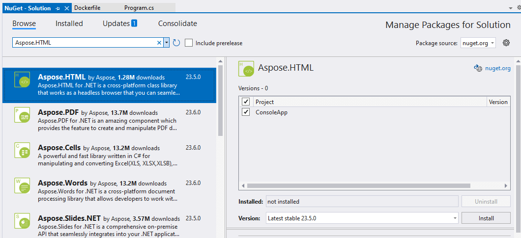 Text “Install the latest Aspose.HTML version from NuGet”