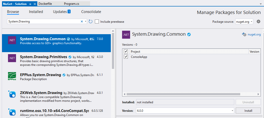 Text “Install the System.Drawing.Common 6.0 from NuGet”