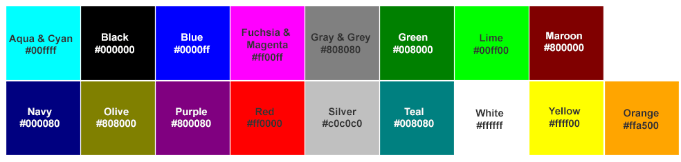 Text “Color names list – 17 basic HTML colors with HEX codes”