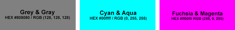 Text “Grey & Gray, Cyan & Aqua,  Fuchsia & Magenta colors with HEX and RGB codes”