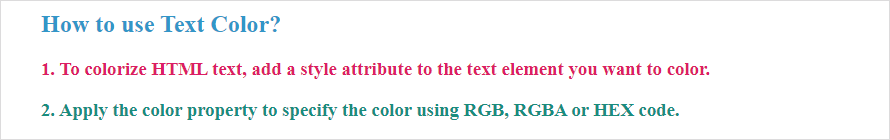 Text “The image renders the html code for setting text color using HEX or RGB color codes”