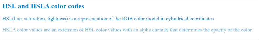 Text “The image renders the html code for setting text color using HSL and HSLA color codes”