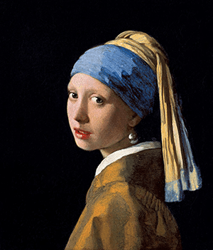 A European girl is depicted in an exotic dress, oriental turban and with a very large pearl as an earring
