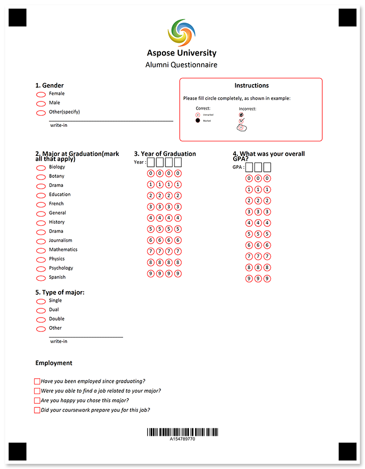 Alumni questionnaire with free-form answers template