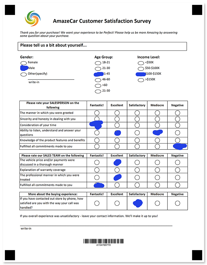 OMR ready customer satisfaction survey with table layout filled