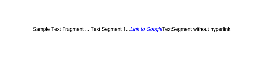 Fragmento de texto exibido em um PDF mostrando conteúdo misto com Fragmento de Texto de Exemplo seguido por Segmento de Texto 1, então um texto hiperlíneo azul lendo Link para Aspose (linkando para https://products.aspose.com/pdf), e terminando com TextSegment sem hyperlink em formatação de texto preto regular