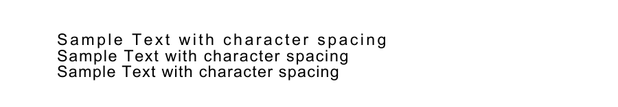 PDF document displaying three lines of identical text Sample Text with character spacing demonstrating progressively tighter character spacing from top to bottom, with the first line having wider spacing between letters, the middle line having moderate spacing, and the bottom line having the closest character spacing, illustrating the visual effect of different character spacing values in PDF text formatting