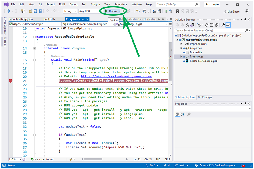 Jalankan aplikasi contoh Aspose.PSD di docker menggunakan Visual Studio