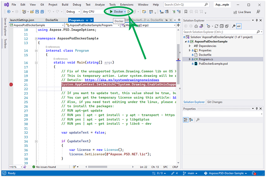 Run Aspose.PSD sample app in docker using the Visual Studio