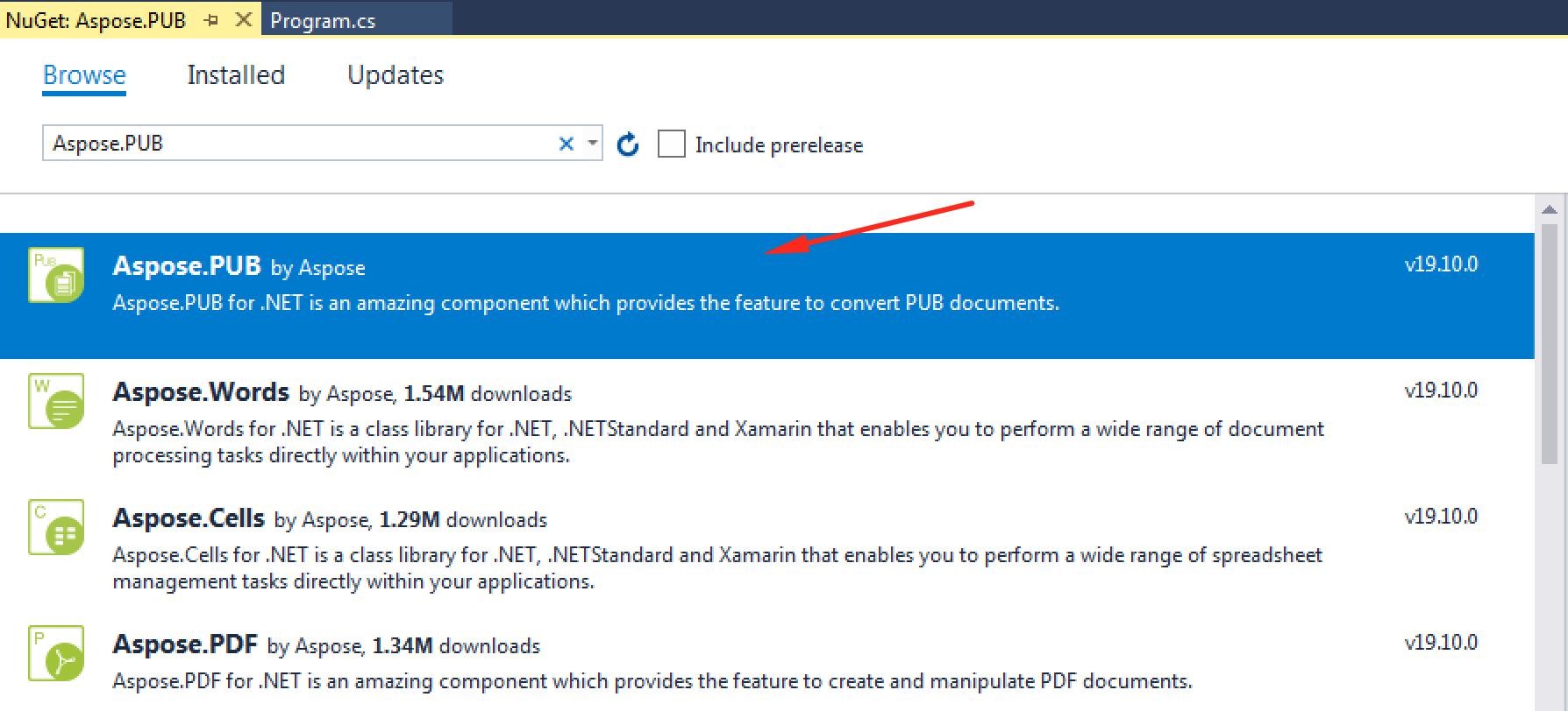 Gestionnaire Visual Studio NuGet recherchant l’API Aspose