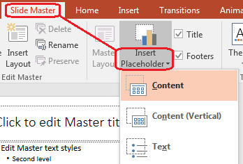 دستور Insert Placeholder در نمای Slide Master برنامه PowerPoint