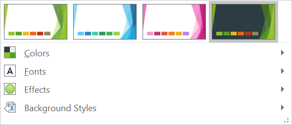 Theme components: colors, fonts, background styles, and effects