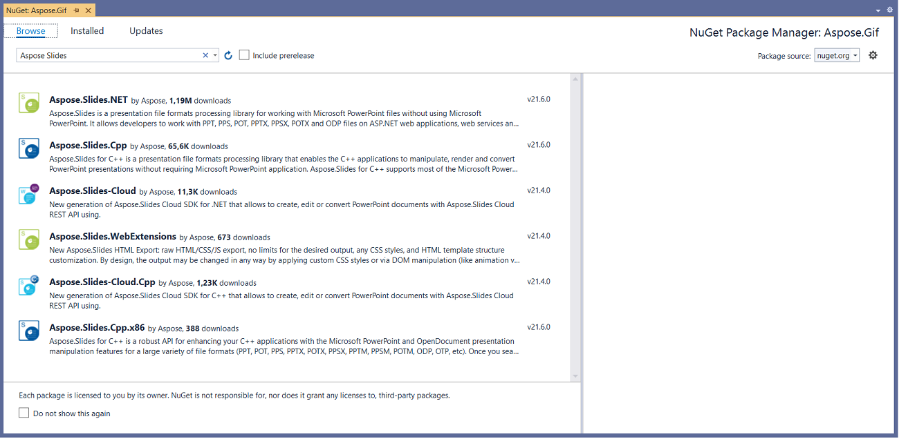 Aspose.Slides Installation from NuGet Package Manager - 1