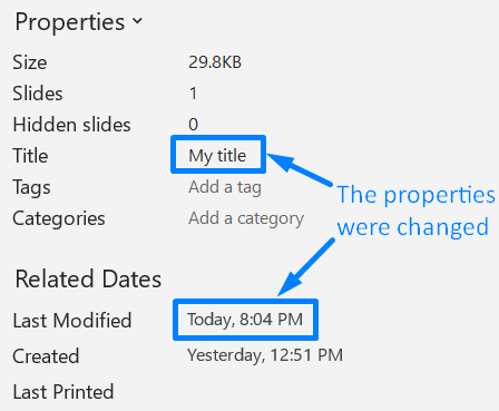 Changed document properties of the PowerPoint presentation