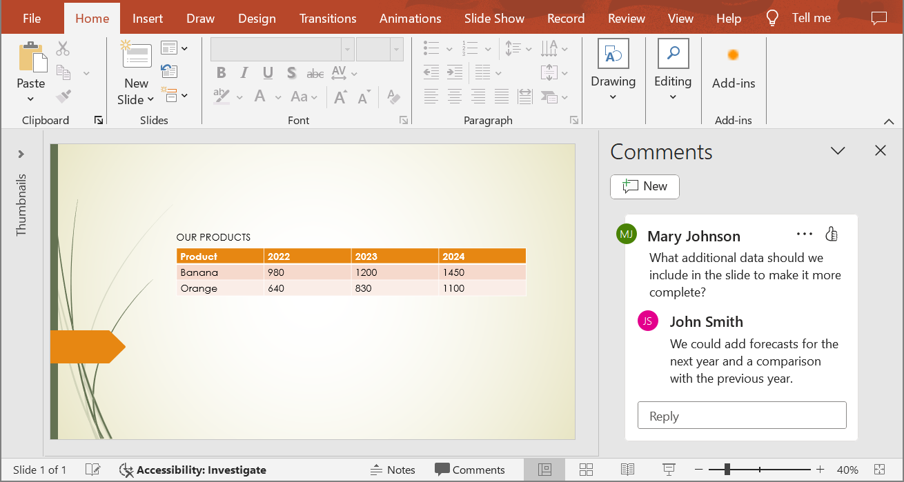 The slide with comments