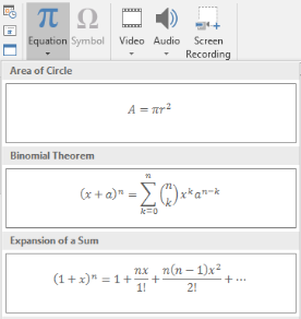 Thanh Insert của PowerPoint với lệnh Equation được chọn