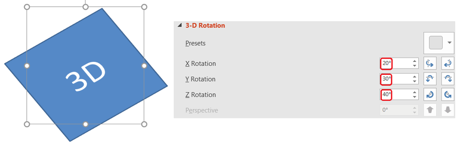 PowerPoint 3-D Rotation 面板,顯示 X、Y、Z 旋轉值