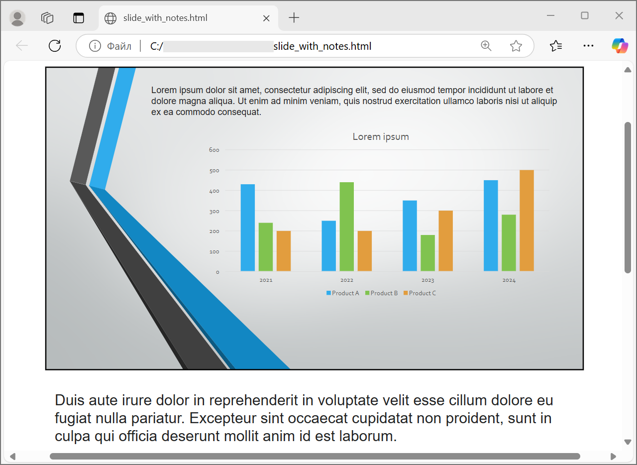 An HTML document with the slide and speaker notes