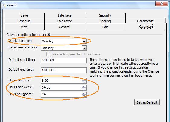show project calendar properties in Microsoft Project