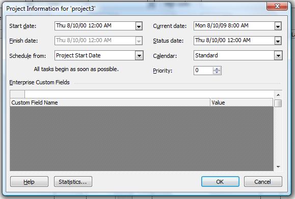 project information in Microsoft Project 2010