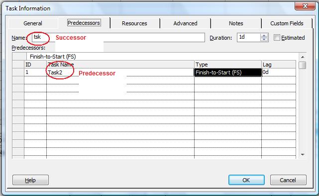 Überprüfung der Vorgänger und Nachfolger der Aufgabe im Microsoft Project