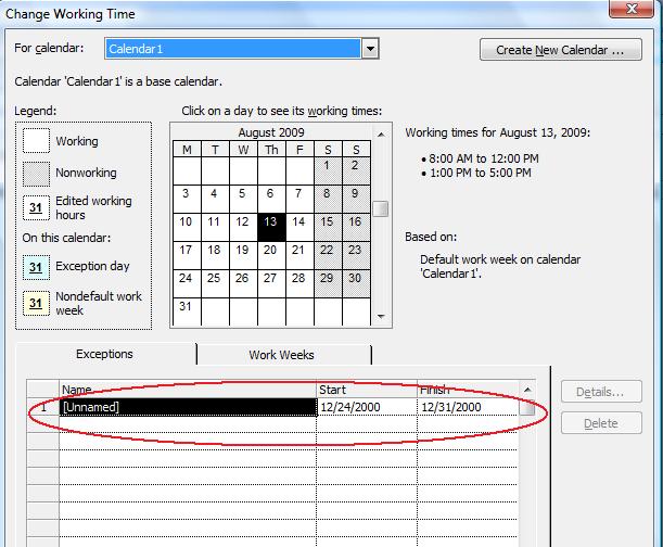 Definieren in Kalenderausnahmen im Wochentagen Microsoft Project