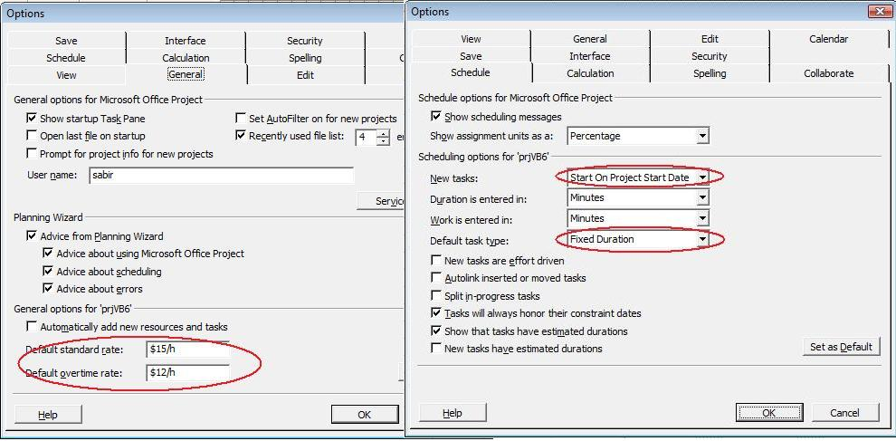 Standardeigenschaften der Microsoft -Projektdatei