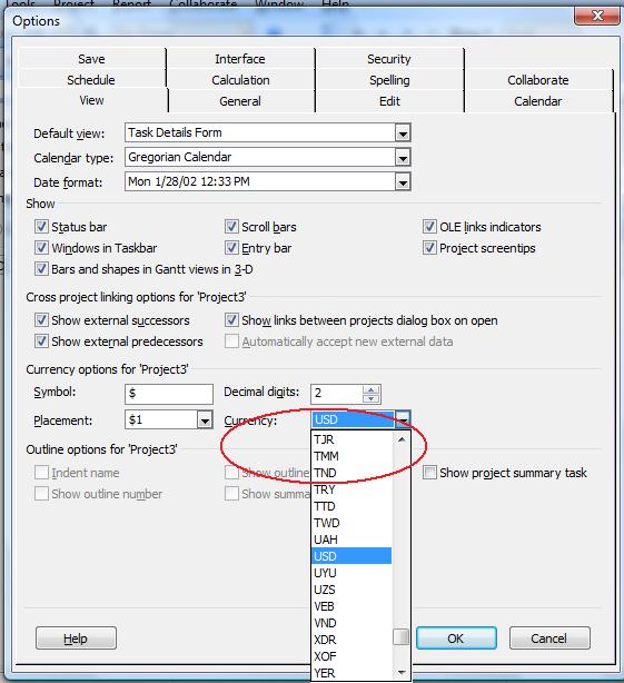 editar códigos de moneda en Microsoft Project