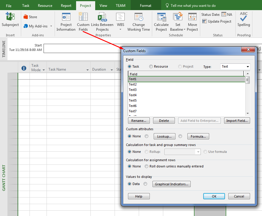 Abrir extended attributes en Microsoft Project